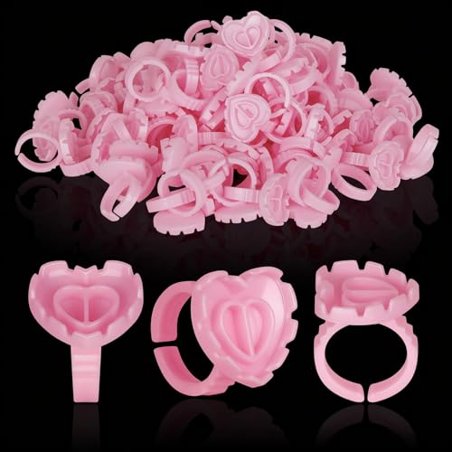 100PCS Glue Rings Lovely Heart Shape Lash Glue Holder Disposable Smart Lash Rings for Eyelash Extensions Blooming Volume Fanning No Spill Cups(Pink)