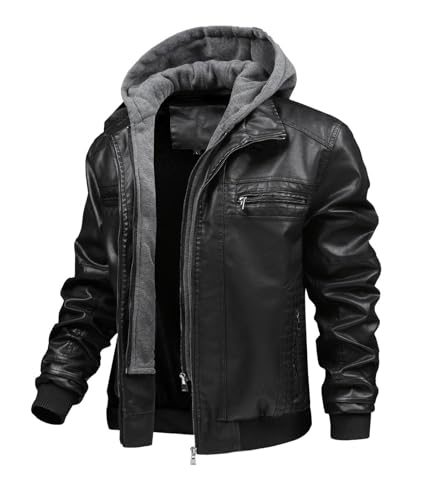 Image of FTIMILD Men's Leather Jacket Motorcycle Jacket Windproof PU Vintage Bomber Jacket with Removable Hood