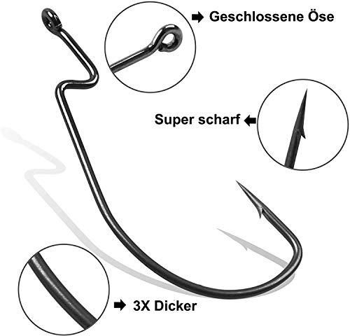 150Stk Offset Angelhaken Set - Kohlenstoffstahl Wurm Haken, Widerhaken für Gummifische Köder, Texas Rig, Salzwasser… – Bild 3