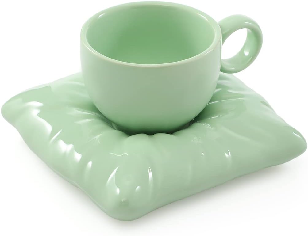 Sweet MugCoffee Ceramic Cup With Pillow Coaster Creative Couple Coffee Cup Tea Cups Saucers Box Set Drinkware (Green)