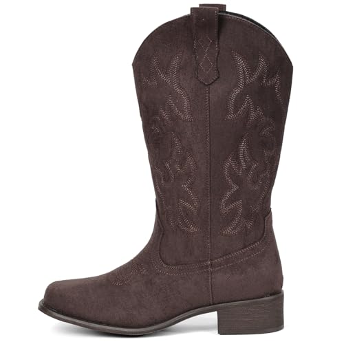 Image of IUV Cowboy Boots For Women Square Toe Wide Mid Calf Western Pull On Suede Fashion Black Brown Cowgirl Boots