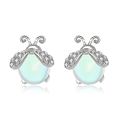 Carol&Allen 925 Sterling Silver Stud Earrings Firefly Inlaid Moonstone Cubic Zirconia Glittering Shiny