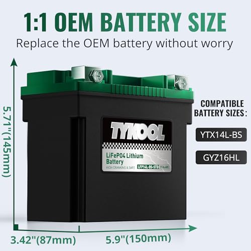 Image of TYKOOL LFP14L-BS-STD [- +] Lithium Battery 400 CCA 8Ah for HD Sportster 883 1200 Iron 48 XL XLH 2004-2023 Street 500 750| Digital SOC Display IP67 Waterproof