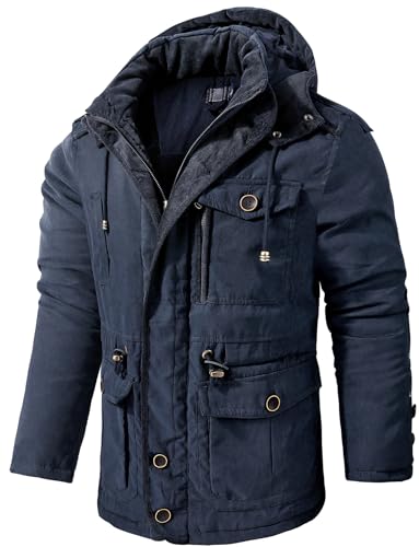 LOUECHY Men's Windproof Hooded Jacket Sherpa Lined Winter Coat Thickened Warm Parka2