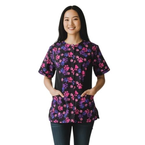 Ladybird Line 725 Pink and Purple Paw Print Waterproof Dog Grooming Smock Hair and Bleach Resistant with Covered Zipper Panel Solid Black Back and Back Tie Belt - Ideal for Pet Groomers - L