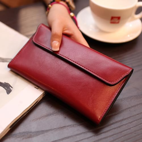 Retro Leather Envelope Women's Phone Card Holder Wallet, Thin Large Capacity Multifunctiona Leather Wallet, Clutch Wallet for Mother's Day Thanksgiving Fashion Gift (Wine Red)4