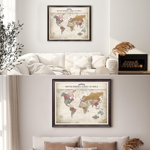 Image of DECORARTS - Large Personalized World Travel Map with Pins, Custom Name, Pin Board Canvas Wall Art, Vintage Pastel World Decor, Optional Wood Frame, Giclee Print, Handcrafted in USA, 35x28''
