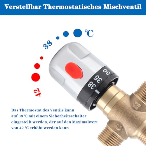 Thermostat Mischventil, 3 Wege Solid Messing Thermostatmischer, G1/2 Thermostatisches Mischventil 11,67 L/Min Durchfluss für Duschsystem Badezimmer Rohr Becken Warmwasser