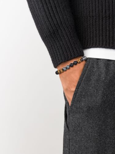 GAVU 8MM Beaded Bracelet for Men, Lava Tiger Eye Triple Protection Bracelet for Men 7.5"/8.5"/8.9"2