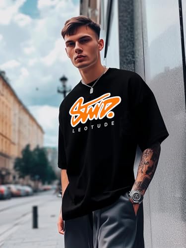 Image of LEOTUDE Men's Cottonblend Oversized Half Sleeve Round Neck Regular Fit T-shirt