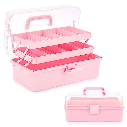 Image of BTSKY 3-Layer Plastic Dividing Storage Box Craft Organizer and Storage | Portable Handled Art Supply Organizer with Adjustable Spacers Multipurpose Home Utility Box for Medicine, Sewing(Pink)