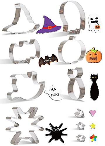 Adicloz 10PCS Moldes de Galletas, Moldes De Emplatar Halloween, Cortador Galletas Halloween Calabaza, fantasma, gato, araña, murciélago, forma de sombrero, Acero Inoxidable Galletas Cortador