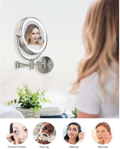 Image of OVENTE Hardwired Wallmount Bathroom Mirror, Nickel Brushed MPWD3185BR1X7X | 9 inch Double Sided Lighted Makeup Mirror with 1X /7X Magnification, Dimmable LED Lights, 360 Rotation, Extendable Folding Arm