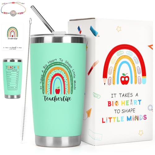 Tazza da viaggio per insegnanti da donna, 590 ml, con cannuccia e coperchio, braccialetto e biglietto, tazza regalo per insegnanti di studenti/genitori, tazza termica riutilizzabile in acciaio
