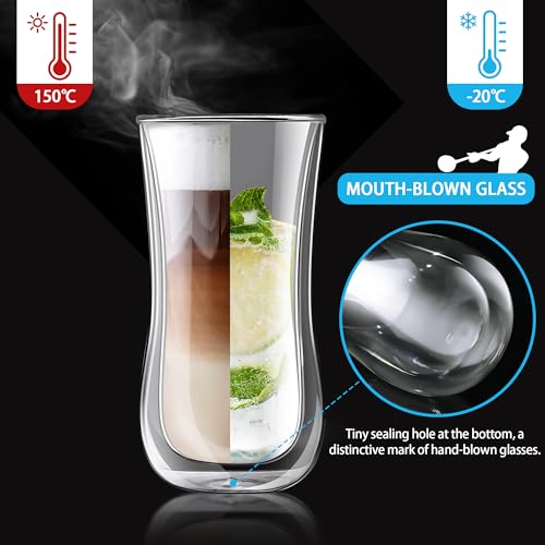 Joeyan Double Walled Borosilicate Glass Coffee Tea Tumbler Cups Set of 2 for Latte Espresso Cappuccino, 13.5oz Slim Insulated Highball Glasses for Milk Beverages Beers Smoothies, Hot Cold Resistant by Joeyan - Image 4