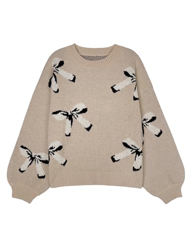 Womens Oversized Cute Bow Tie Sweater Spring 2025 Cozy Chunky Ribbed Knit Crewneck Long Sleeve Pullover Tops2