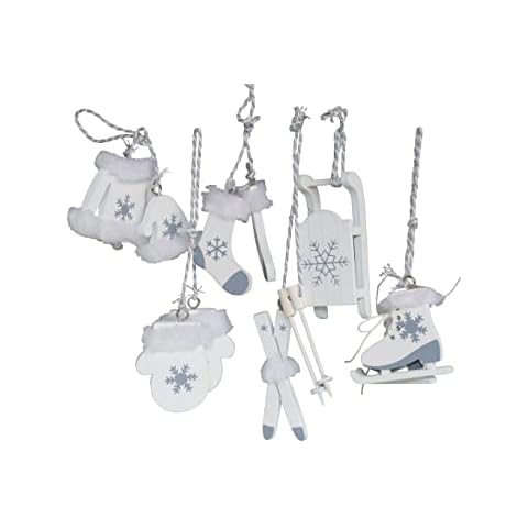 RiloStore Set of 6 Christmas Tree Decorations White Wooden Ice Skates Ski Sleigh OTH Tree Decoration Nostalgia Alpine Winter Chirstbaum Decoration Hanging Wooden Decoration Cover
