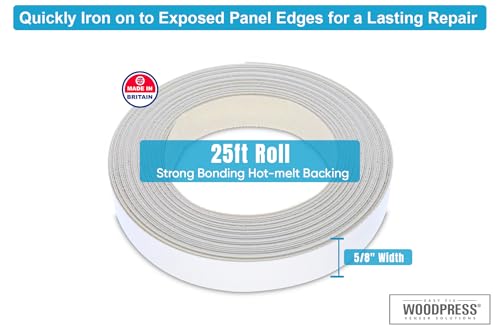 Image of WoodPress 5 /8 inch Matt White Melamine Edge Banding, Pre-Glued Veneer Tape - 25 ft Roll - Iron-On for Easy DIY Application - Will Cover The Edge of a Standard 8' x 4' MDF Panel