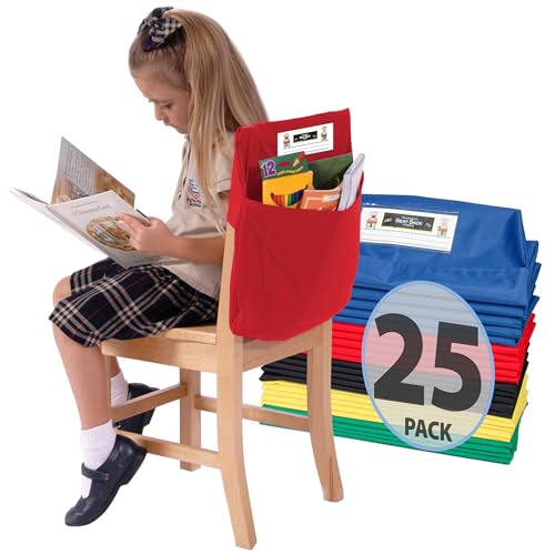 Image of Seat Sack Student Chair Storage Pocket - 17 inch, Single Pocket, Classroom Chair Organizer for Student Desks, Durable Over-the-Chair Storage, Ready-to-Use Name Tag Window, Blue, 25-Pack