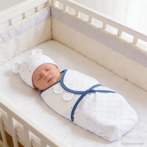 Image of Baby Swaddle Sleep Sack with Hat Set for 0-3 months 3-Pack Soft Cotton Newborn Wearable Swaddle Wrap for Girls Boys (Blue Set)