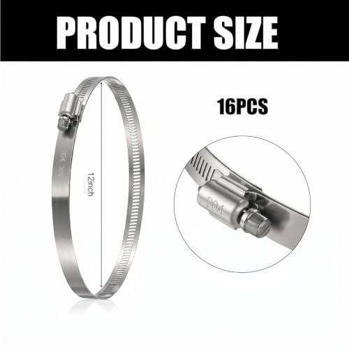 Image of Boao Adjustable 304 Stainless Steel Duct Clamp Hose Clamp,16 Pieces,12 Inch