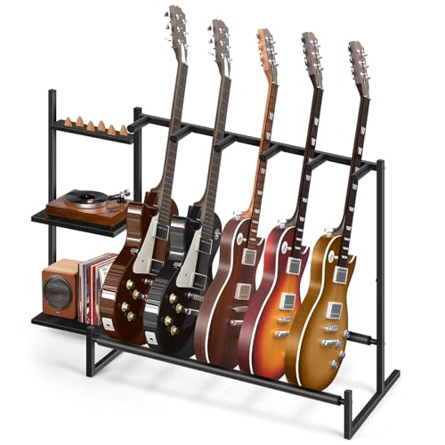 Shinoske Multi-Guitar Rack, Guitar Stand, Guitar Holder for 5 String Instruments,Suitable for Bass, Banjo,Acoustic Guitar Display Stand with 3-tier Side Shelves for Amp & Record Player,Studio Home