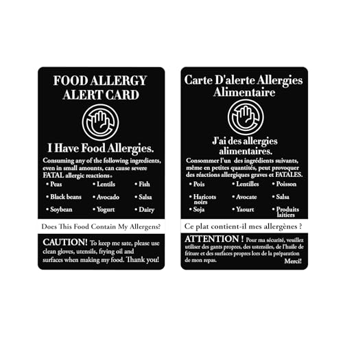 Divoti Custom Engraved Multilingual Medical ID Food Allergy Alert Card for International Travel - Personalized Chef Card with Allergen List & Emergency Contact - Aluminum - Black