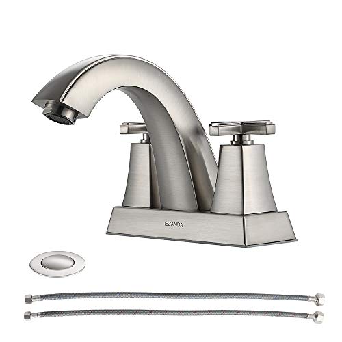 EZANDA 2-Handle Bathroom Sink Faucet, 4 Inch Centerset Lead-Free Lavatory Faucet with Metal Pop-up Sink Drain & Faucet Supply Lines, Brushed Nickel, 1433502 EZANDA 2-Handle Bathroom Sink Faucet, 4 Inch Centerset Lead-Free Lavatory Faucet with Metal Pop-up Sink Drain & Faucet Supply Lines, Brushed Nickel, 1433502