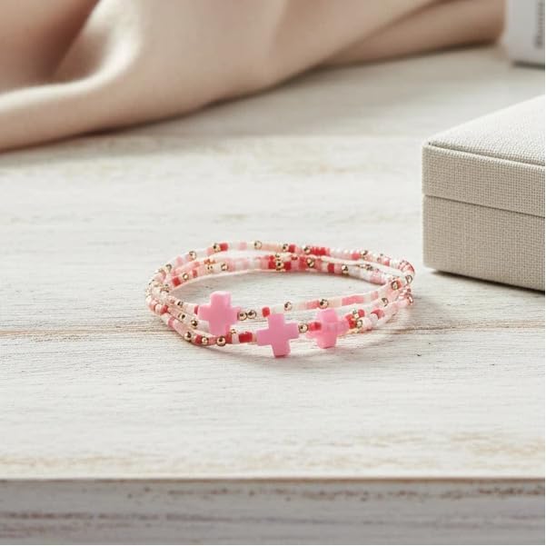 Cross Gold Tiny Blue Rice Beaded 3Pcs Stack Bracelets Sets for Women,Dainty Stackable Small Beads Cute Bracelet Healing Stretch Trendy Jewelry Friendship Accessories Gift - Image 4