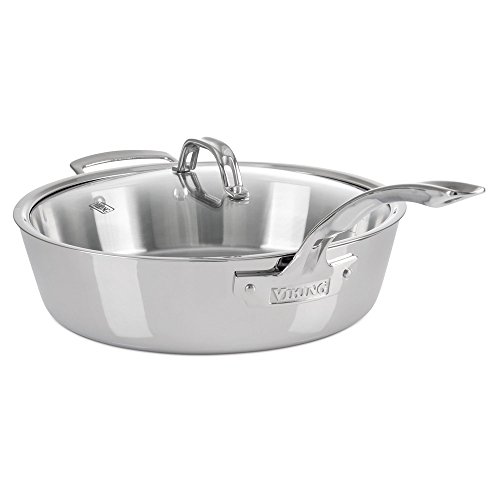 Viking Contemporary 3-Ply Deep Frying Pan with Glass Lid, 4.8 Quart Stainless Steel Saute Cooking Pot, Dishwasher and Oven Safe, Induction Ready, Silver