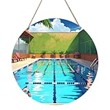 Panel redondo de madera con diseño de flamenco y piscina, 12 pulgadas....