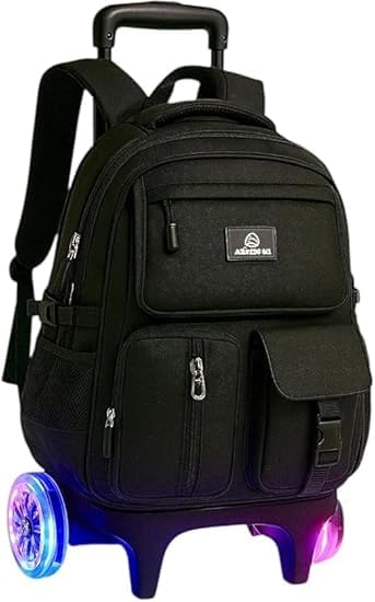 Mochila Escolar com Rodinha, Compartimento para Lápis e Caneta, Resistente à Água, com Rodas LED Coloridas (CARRINHO + MOCHILA Preto)