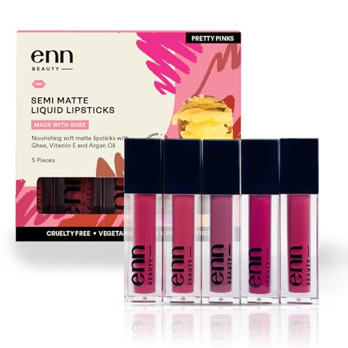 Image of Enn Long Lasting Semi Matte nourishing soft Liquid Lipsticks With 12 Hour Coverage, Transferproof, Highly Pigmented Godness of Natural Ingredients of Ghee,Vitamin-E & Rosemary-Pack Of 5 (Pretty Pinks)