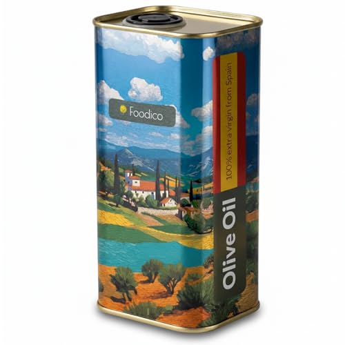 Foodico Olivenöl Extra Nativ 1L Extra Vergine Oliven Öl aus Spanien im Kanister - 100% Rein & Kaltgepresst - Ideal für Salate Pasta und zum braten