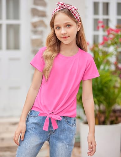 Image of Arshiner Girls Short Sleeve Shirts Tie Knot Front Tops T Shirts for Kids Crewneck Cute Casual Tie Dye Tee Blouse