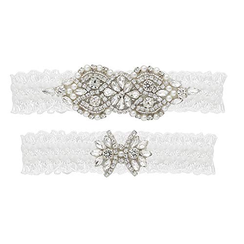 yanstar Wedding Bridal Garter White Stretch Lace Bridal Garter Sets with Silver Rhinestone