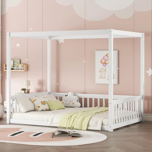 Full Size Canopy Bed Frame with Guardrails for KidsFloor Bed Full with Four Poster DesignKids Montessori Floor BedWood Canopy Bed Frame for GirlsBoysFullWhite