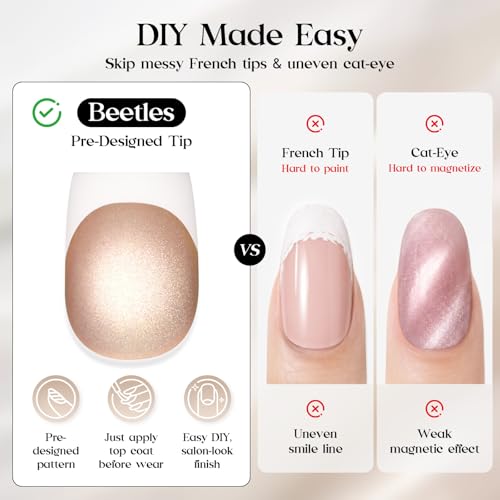 Image of Beetles French Tip Press On Nails 160Pcs Medium Almond Soft Nail Gel Tips | Gel Painted Cat Eye Brown Fake Nails, 16 Sizes for DIY Manicure Glassy Amber French