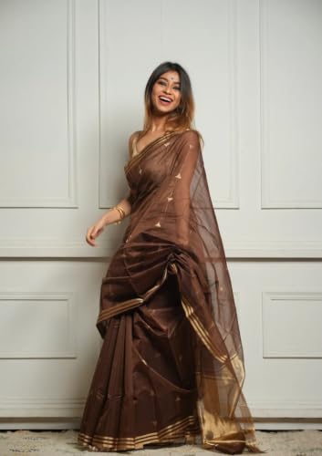 Image of Flosive inchWomen's Premium Pure Cotton Silk Saree with Golden Zari Border and Butti Work | Traditional Handloom Style Saree for Festive & Office Wear