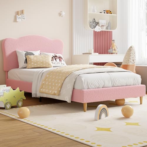 Image of GarveeHome Upholstered Full Size Bed Frame for Kids with Scallop Headboard, Cute Velvet Full Bed for Girls, Boys, Sturdy Platform Bed, No Box Spring Needed, Wooden Slats, Noise Free, Pink