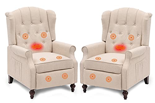 OQQOEE Beige Wingback Recliner Chair Set of 2 with Massage & Heat Vibration, Fabric Push Back Accent Chairs Diamond Tufted Reclining Armchair for Living Room, Bedroom (Fabric, Beige*2) OQQOEE Beige Wingback Recliner Chair Set of 2 with Massage & Heat Vibration, Fabric Push Back Accent Chairs Diamond Tufted Reclining Armchair for Living Room, Bedroom (Fabric, Beige*2)