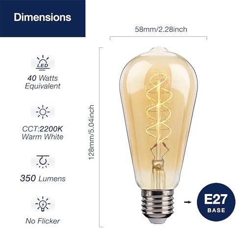 FLSNT LED Edison Light Bulb, ST58 E27 Vintage Light Bulbs, Dimmable 4W Spiral Thin Filament, Decorative Antique Screw Lamp - Image 3