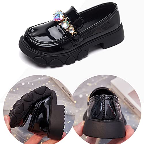 Bininbox Little Girls Patent Leather Slip-On Penny Loafer Rhinestones Flats Black White School Uniform Dress Shoes For Girls(2 M Us Big Kid,Black) #TOP6