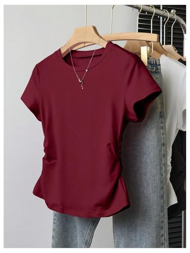 OYOANGLE Girl's 3 Pack Short Sleeve Tight T Shirt Set Crew Neck Ruched Shirts Summer Casual Tops3