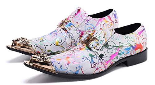 Santimon Mens Loafers Fashion Suits Gold Hardware Party Sleek Slip On Dress Metal Cap Toe Wedding Graphic Print Leather Shoes