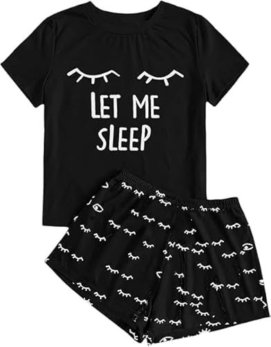 Haloumoning Mädchen Schlafanzüge Sommer Niedliche Shorts Set Bequem Kurzarm Cartoon bedrucktes Pyjama Set T-Shirt und Kurze Hose Set, Schwarz, 6-8 Jahre
