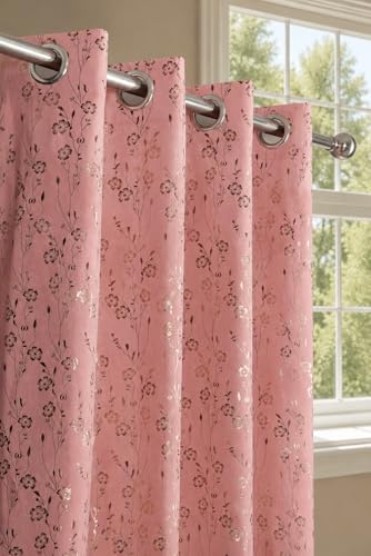 Image of Velvet Golden Foil Flower Pattern Curtains 5 Feet Long Pack of 1, Pink