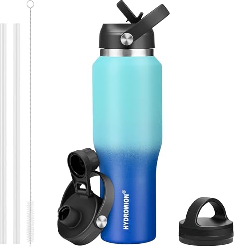 Image of 40 oz Insulated Water Bottle with Straw fit in Car Cup Holder(Cold 48 hrs, Hot 24 hrs) Drinking Bottle with Straw Lid, Spout Lid and Flex Cap Leakproof Travel Thermo Mug,Mint - Cobalt