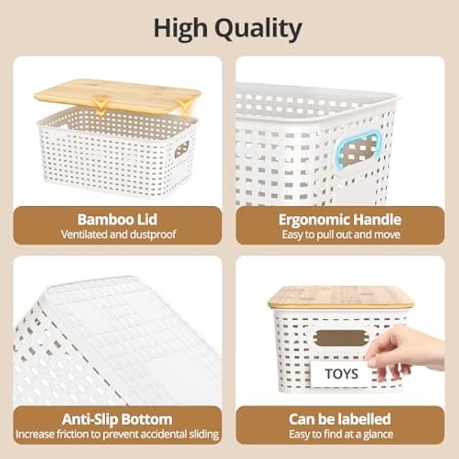 Plastic Storage Baskets with Bamboo Lids, Stackable Small Box Bins for Organizing and Containers for Shelves Drawers Desktop Closet Pantry Classroom Office Home, 6 Pack 10.2x7.2x4.1 Inch, White