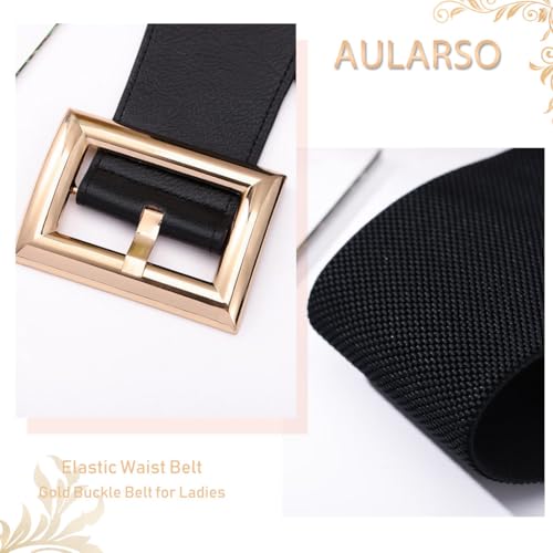 Women’s Wide Elastic Waist Belt for Dresses Gold Buckle Ladies Belt Black Leather Stretch Belt Fashion Waistband4